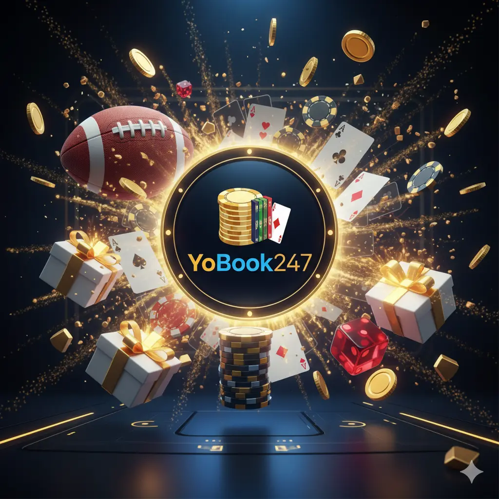 YoBook247 Sports Casino Bonuses promotional banner showing games and rewards