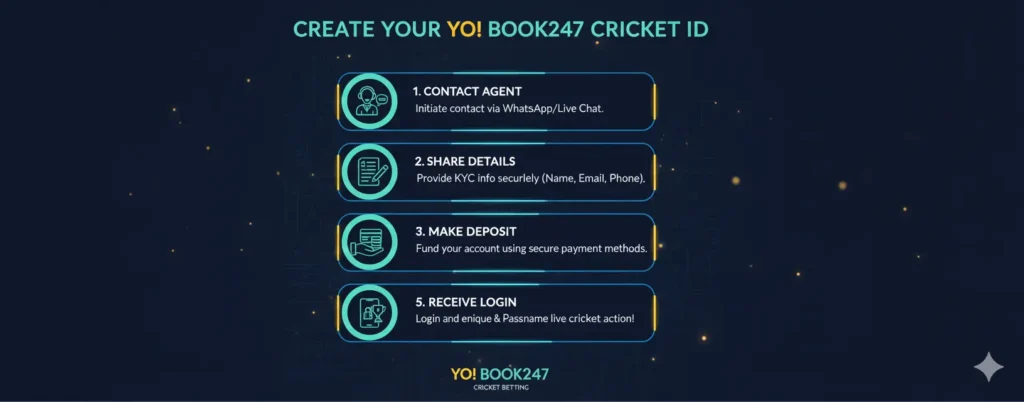 Step-by-step YoBook247 Cricket ID creation process infographic