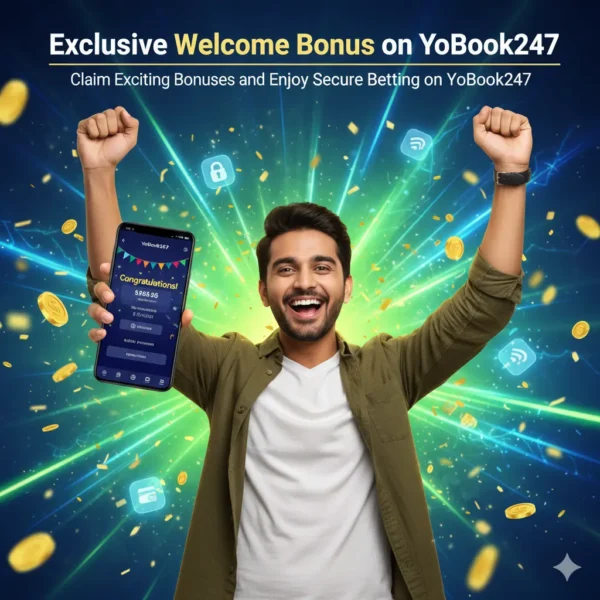 YoBook247 app dashboard displaying live betting, wallet, and bonuses.