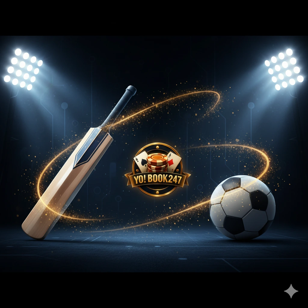 Sports betting concept with cricket bat, football, and stadium lights for YoBook247