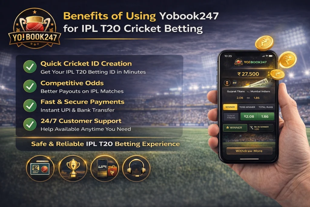 Benefits of using Yobook247 for IPL T20 cricket betting showing quick cricket ID creation, competitive odds, secure payments, and live betting interface