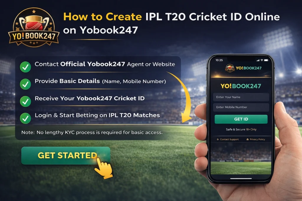 How to create IPL T20 cricket ID online on Yobook247 showing step-by-step registration process on mobile with fast and secure access