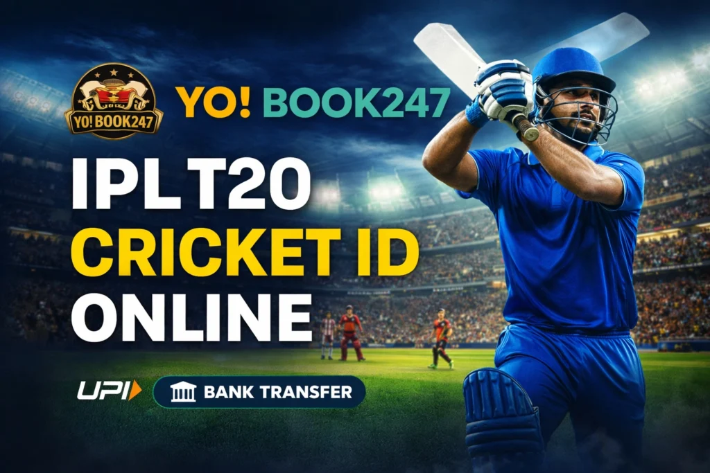 IPL T20 cricket ID online on Yobook247 showing live cricket match betting interface with secure UPI and bank transfer options