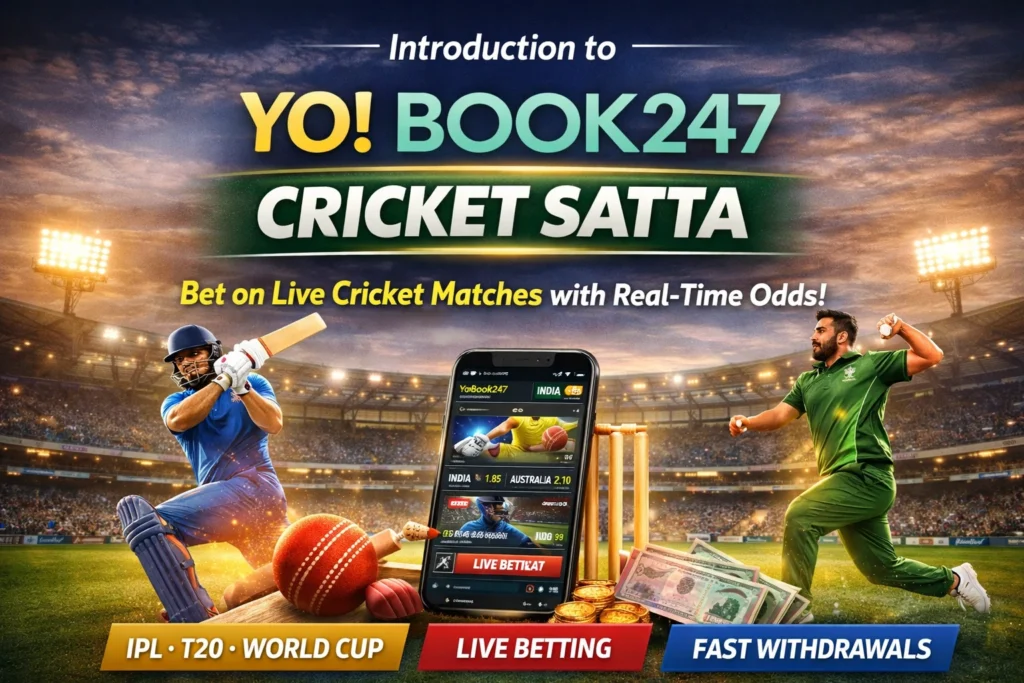 Yobook247 Cricket Satta platform showing live cricket betting, real-time odds, fast withdrawals, and IPL, T20, and World Cup matches