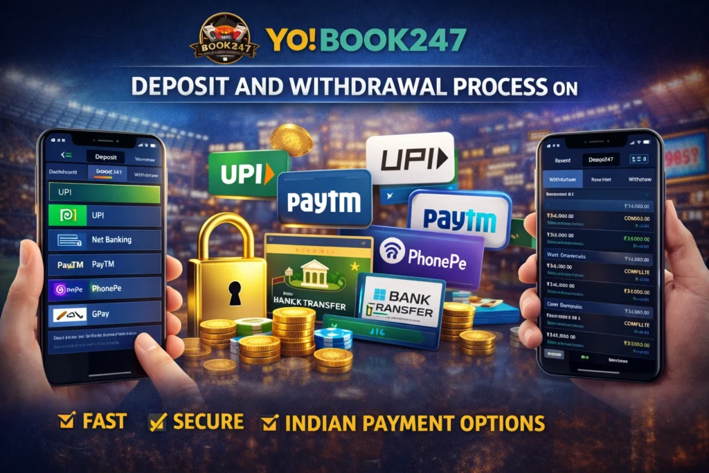 YoBook247 deposit and withdrawal process showing fast UPI payments, secure transactions, and quick payouts for online gambling in India