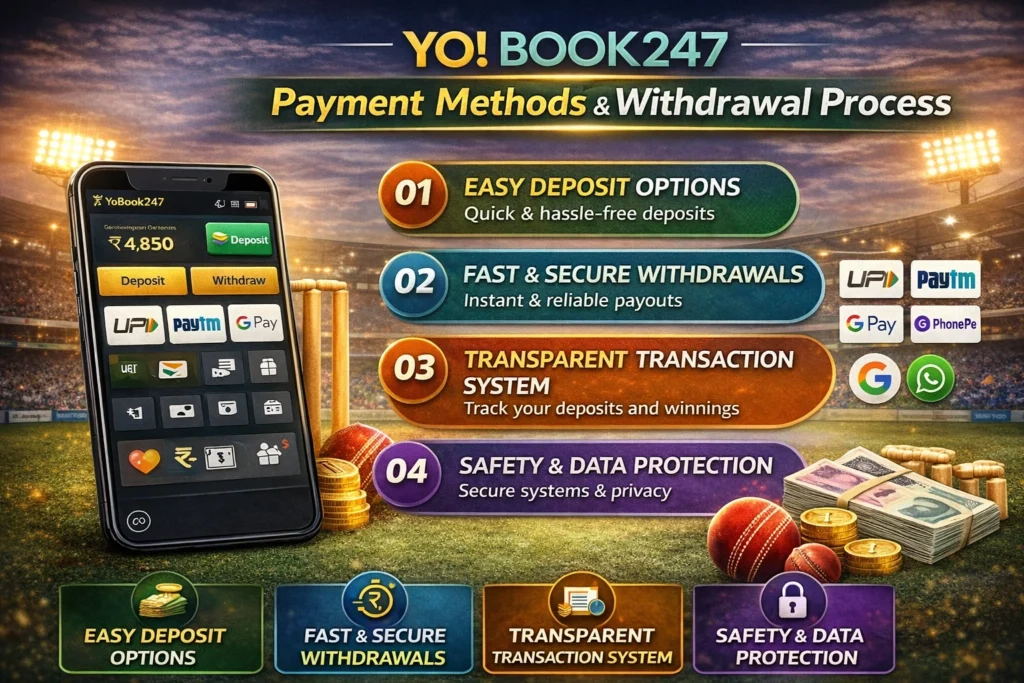 Yobook247 Cricket Satta payment methods and withdrawal process showing easy deposits, fast secure withdrawals, transparent transactions, and data protection