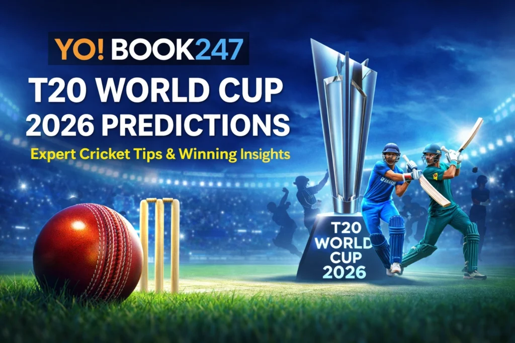 Yobook247 T20 World Cup 2026 predictions banner with cricket trophy, players, and stadium background