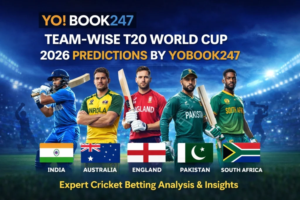 Team-wise T20 World Cup 2026 predictions by Yobook247 featuring India, Australia, England, Pakistan, and South Africa players