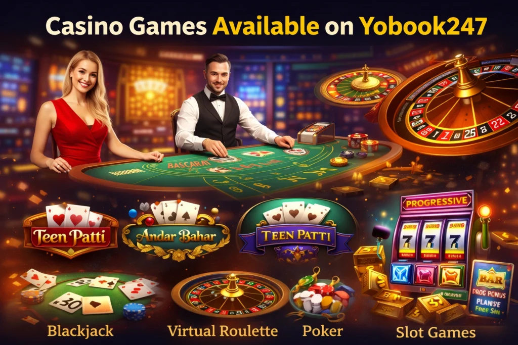 Casino games available on Yobook247 including live casino, Teen Patti, Andar Bahar, blackjack and slots