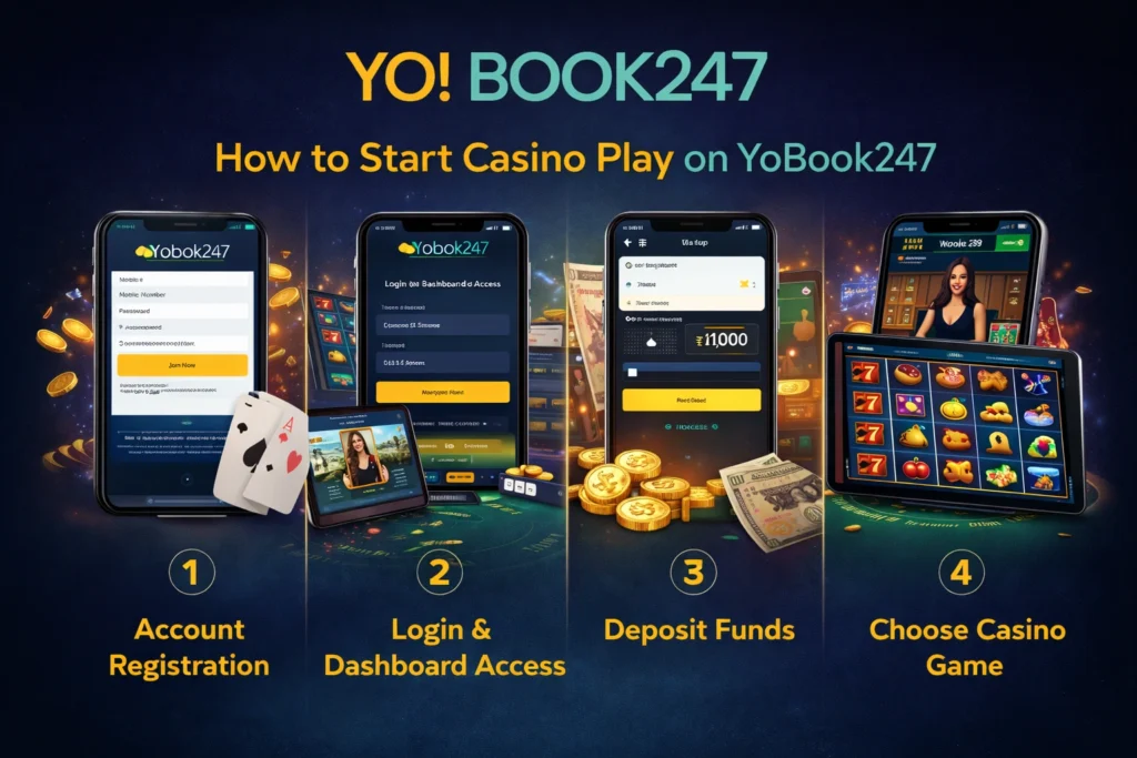 How to start casino play on YoBook247 showing registration, login and deposit process