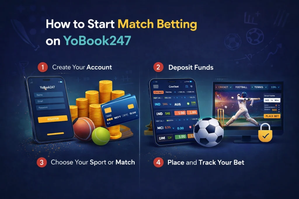 Step-by-step process to start match betting on YoBook247 showing account registration, deposit, and live betting dashboard.