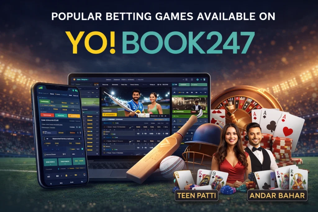 Popular betting games available on YoBook247 including cricket betting and live casino games