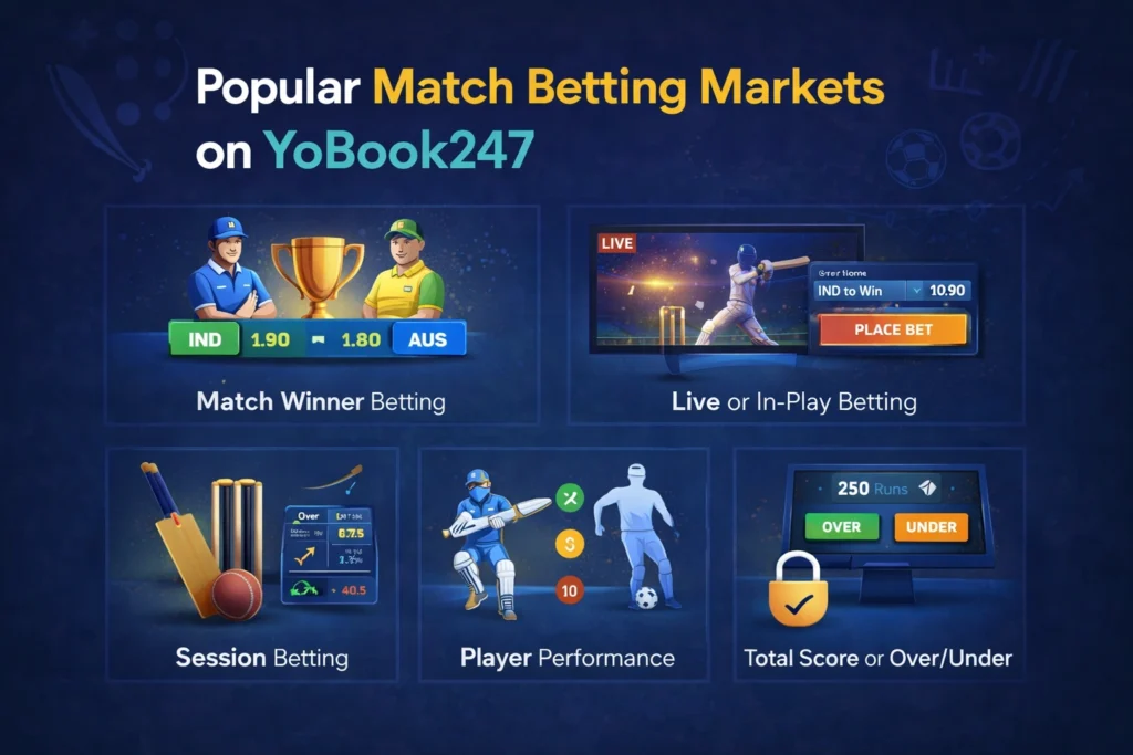 Popular match betting markets on YoBook247 showing match winner, live betting, session betting, player performance, and over under betting options.