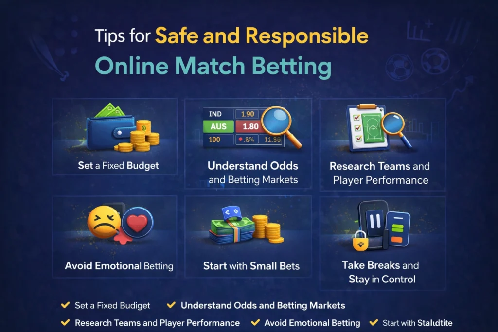 Tips for safe and responsible online match betting showing budget control, research, and smart betting practices on YoBook247.