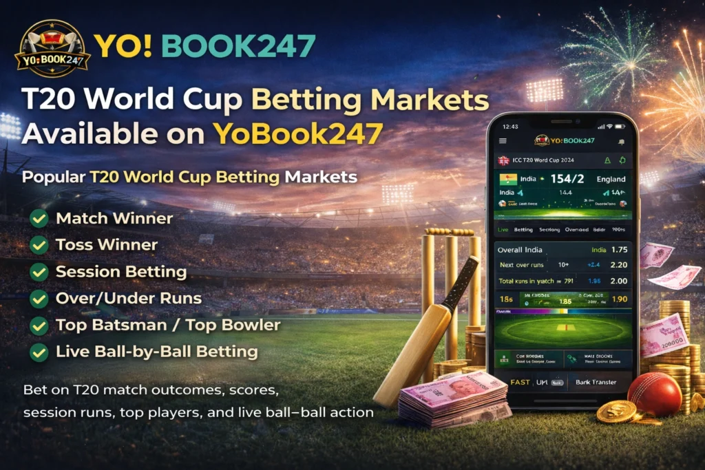 T20 World Cup betting markets on YoBook247 including match winner, toss, session betting, and live ball-by-ball odds