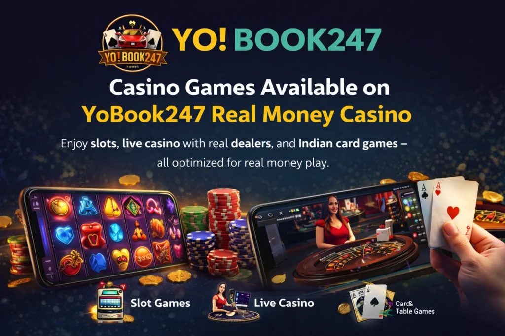 YoBook247 casino games image featuring real money slots, live casino dealers, and Indian card games for online players in India