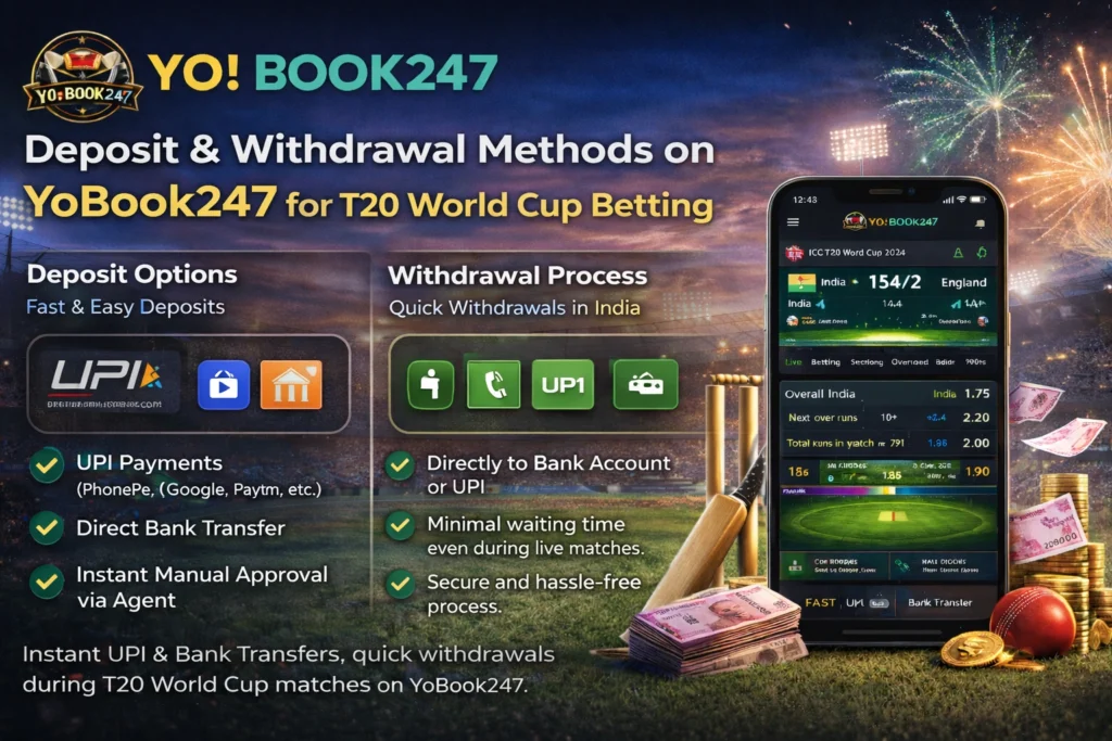 YoBook247 deposit and withdrawal methods for T20 World Cup betting with UPI, bank transfer, and fast payouts in India