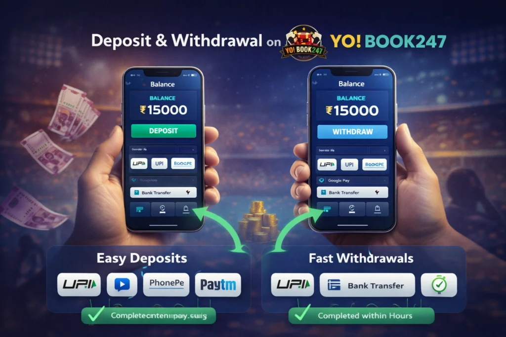 Yobook247 deposit and withdrawal process showing UPI, PhonePe, Paytm and bank transfer options for online sports betting in India
