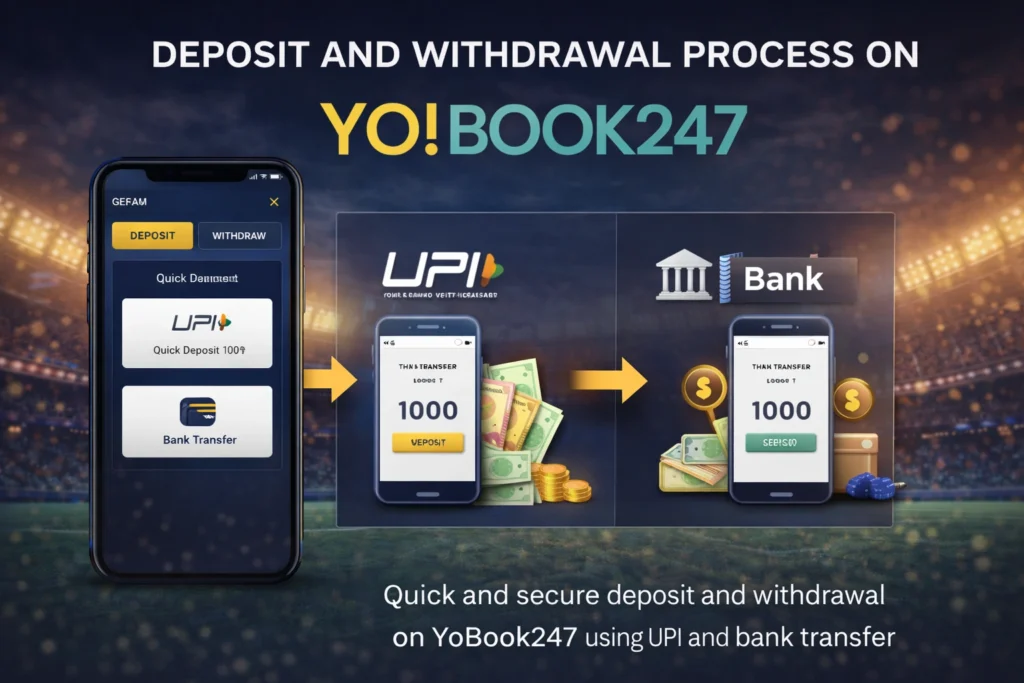 YoBook247 deposit and withdrawal process showing UPI and bank transfer options for online betting in India