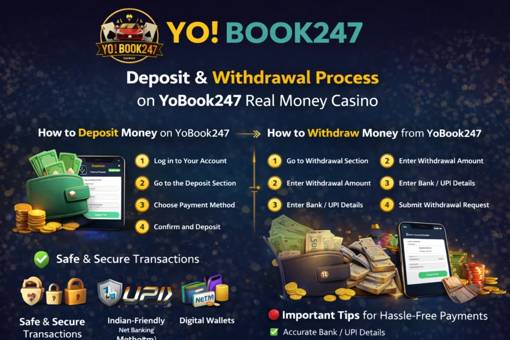 YoBook247 deposit and withdrawal process image showing UPI, net banking, and wallet payments for real money casino in India