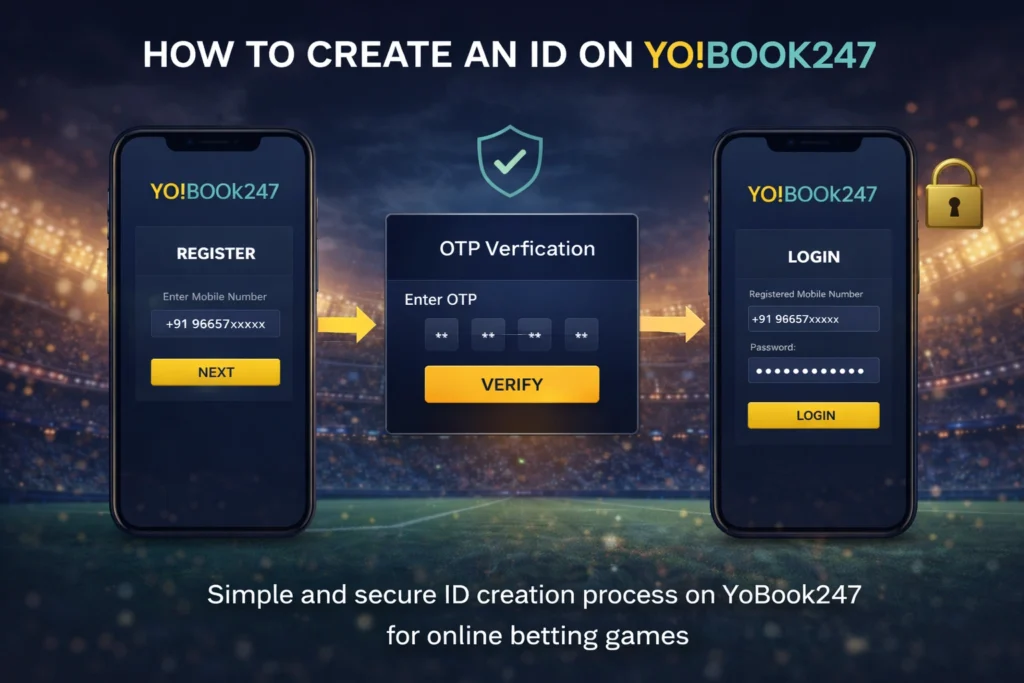 YoBook247 ID creation process showing mobile registration, OTP verification, and secure login for online betting