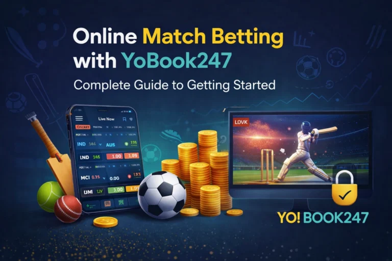 Online match betting with YoBook247 showing live cricket betting dashboard, sports equipment, and secure betting platform interface.
