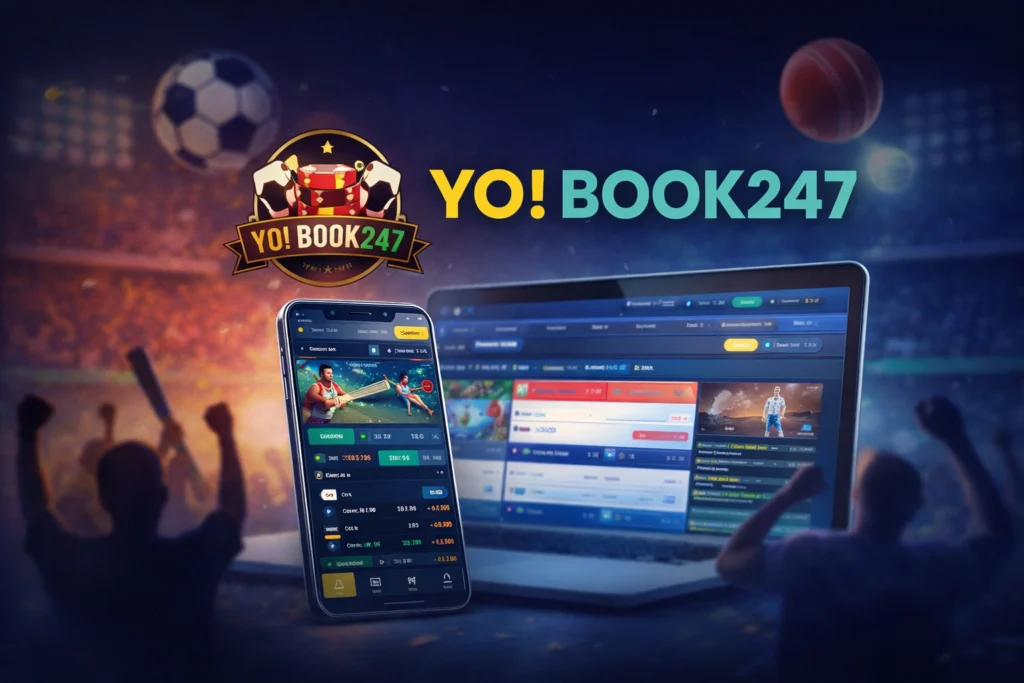 YO! BOOK247 online sports betting platform showing live cricket betting, mobile and desktop interface in India