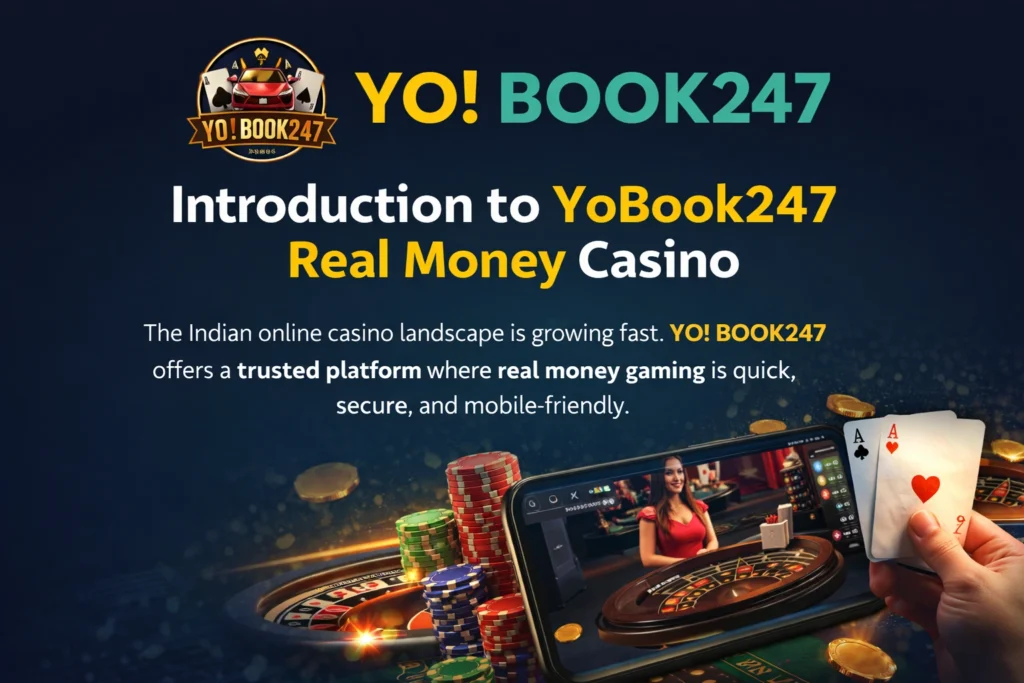 YoBook247 real money casino banner showcasing live casino games, secure online gaming, and mobile-friendly casino platform in India
