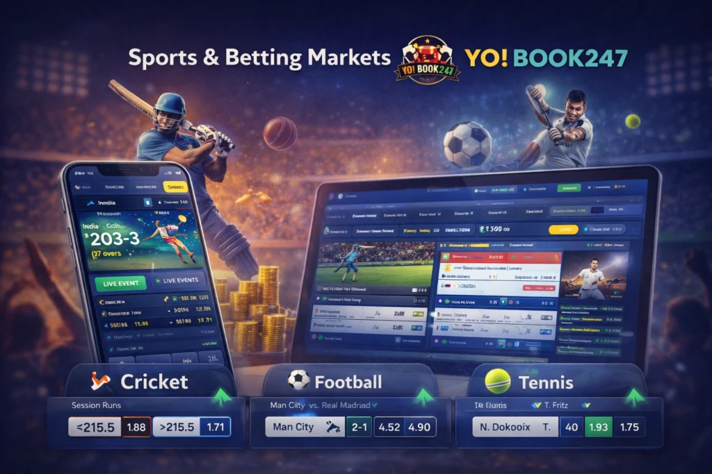 Yobook247 sports betting markets showing live cricket, football and tennis betting odds on mobile and desktop interface in India
